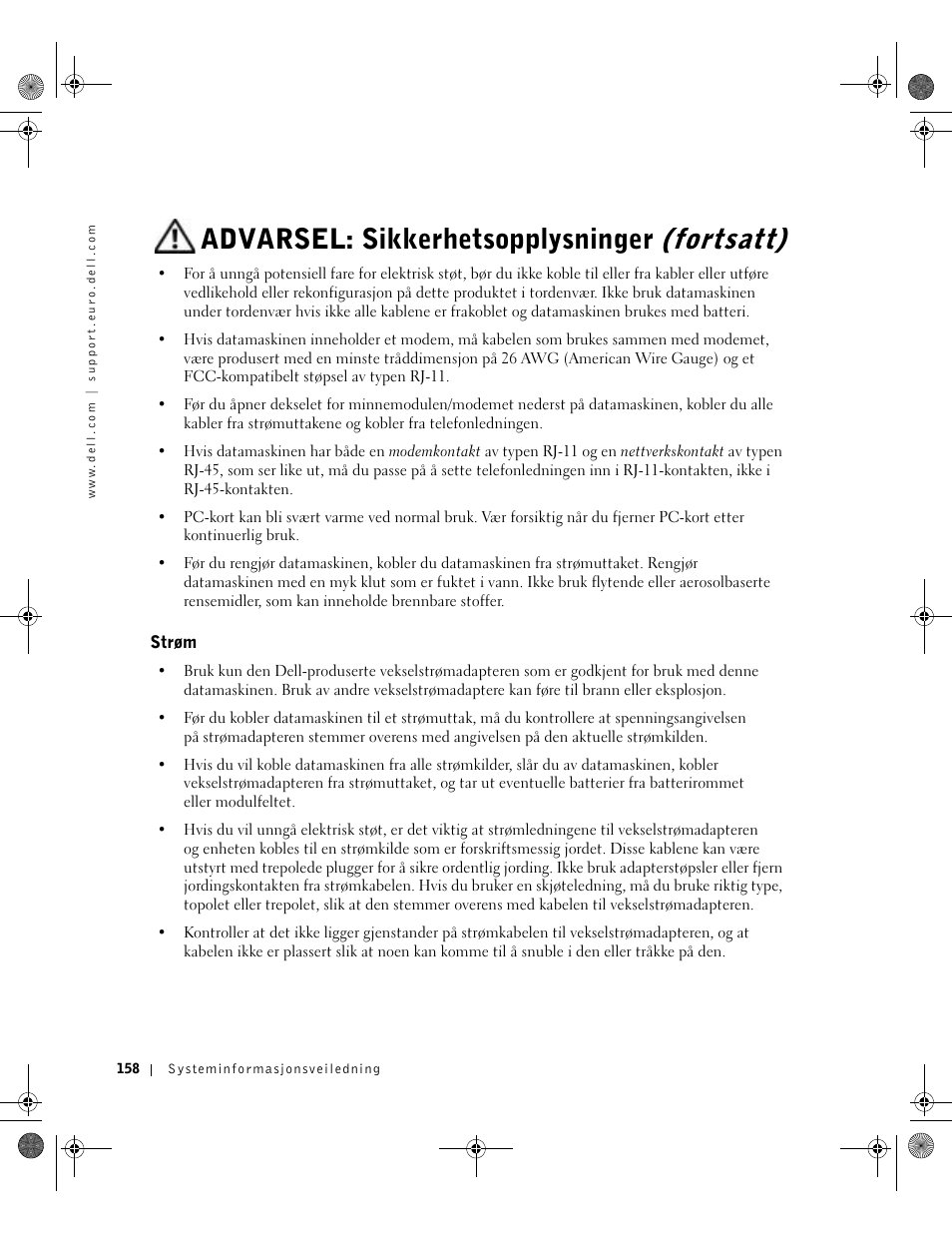 Strøm, Advarsel: sikkerhetsopplysninger (fortsatt) | Dell LATITUDE D400 User Manual | Page 160 / 330