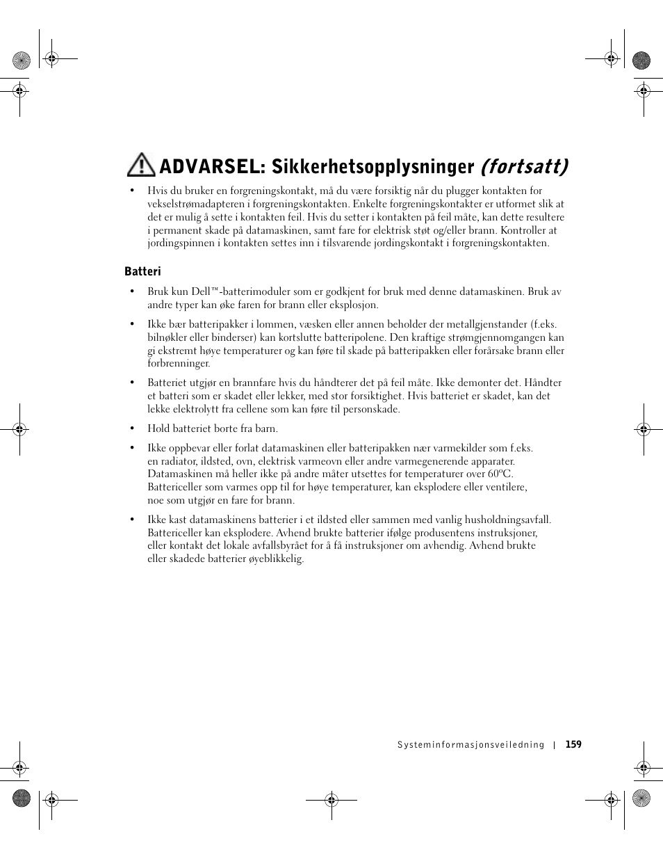 Batteri, Advarsel: sikkerhetsopplysninger (fortsatt) | Dell LATITUDE D400 User Manual | Page 161 / 330
