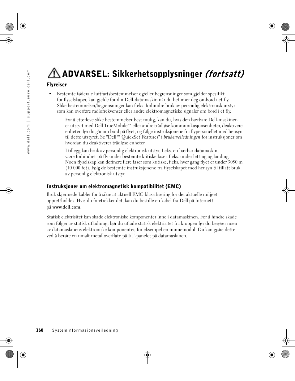 Flyreiser, Advarsel: sikkerhetsopplysninger (fortsatt) | Dell LATITUDE D400 User Manual | Page 162 / 330
