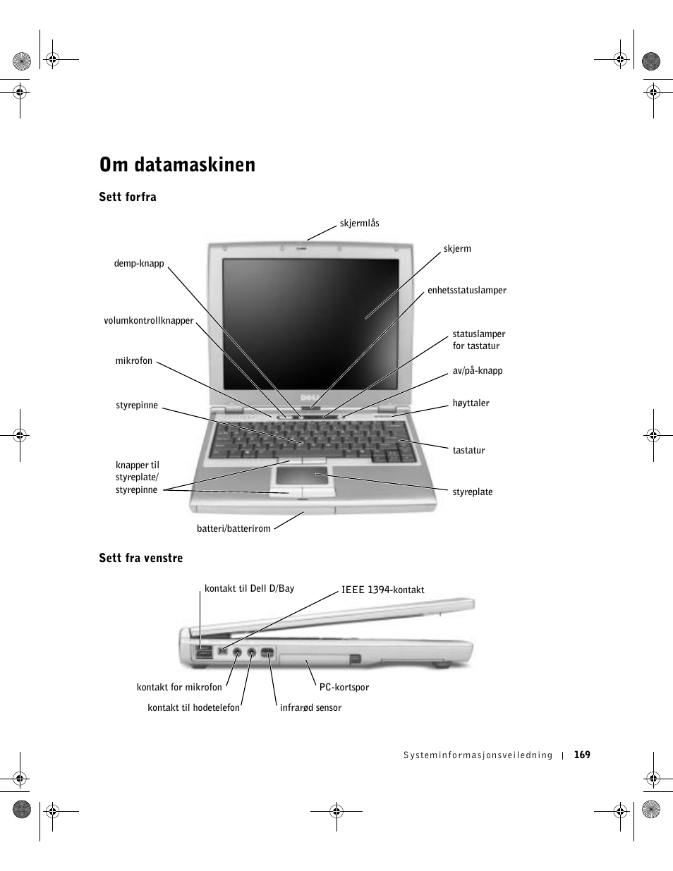 Om datamaskinen, Sett forfra, Sett fra venstre | Dell LATITUDE D400 User Manual | Page 171 / 330