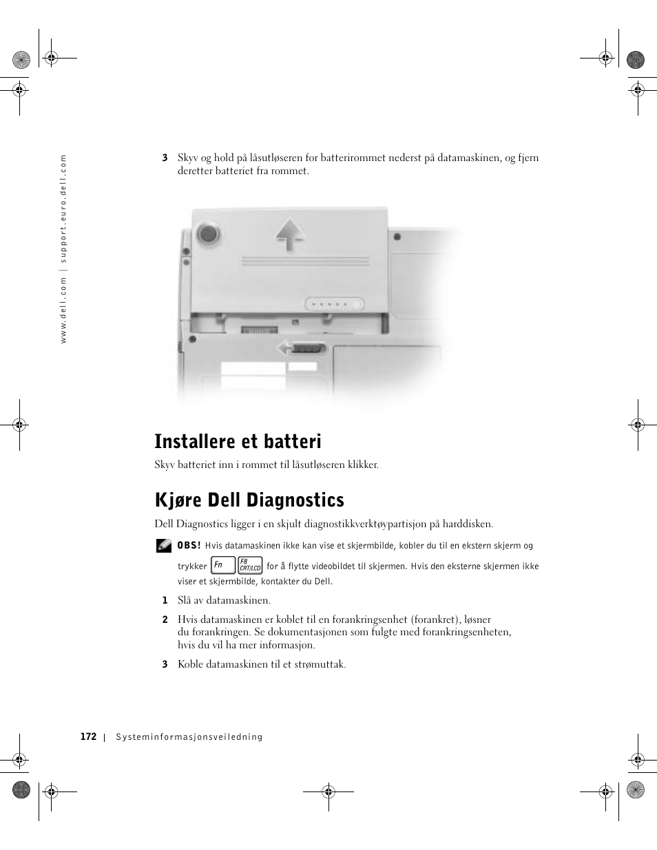 Installere et batteri, Kjøre dell diagnostics | Dell LATITUDE D400 User Manual | Page 174 / 330