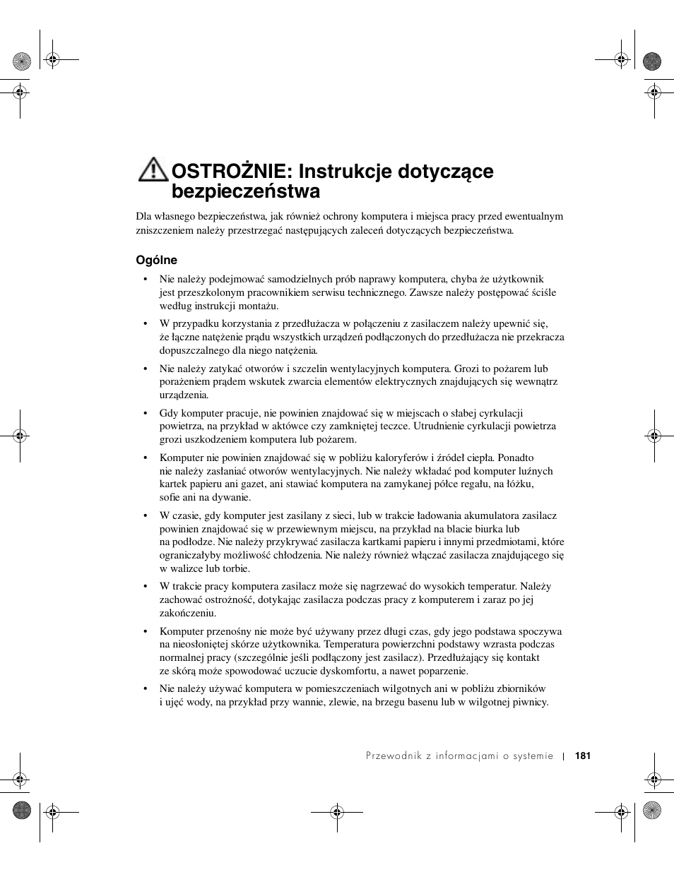 Ostrożnie: instrukcje dotyczące bezpieczeństwa, Ogólne | Dell LATITUDE D400 User Manual | Page 183 / 330