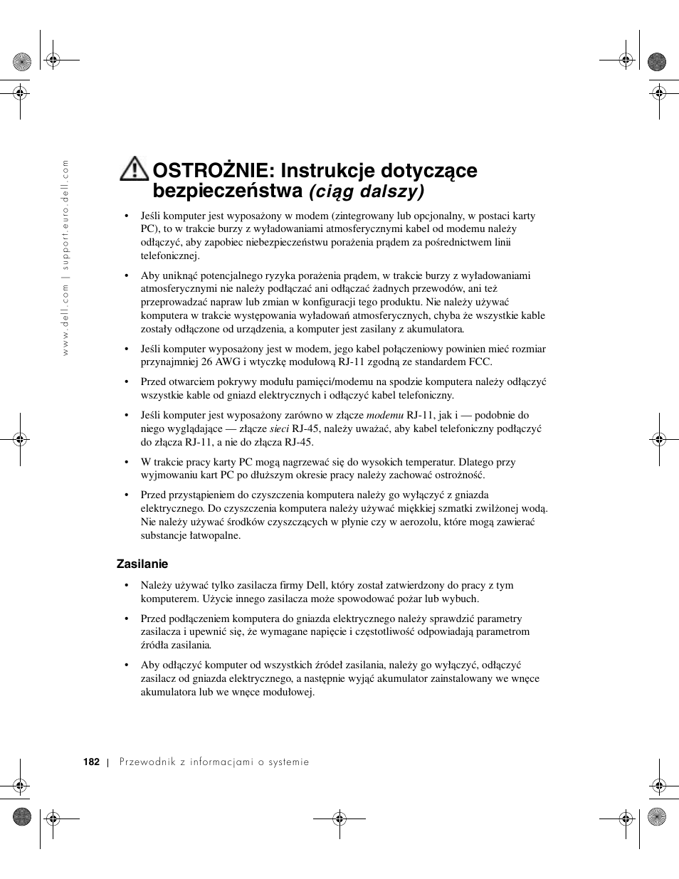 Zasilanie, Ostrożnie: instrukcje dotyczące bezpieczeństwa, Ciąg dalszy) | Dell LATITUDE D400 User Manual | Page 184 / 330