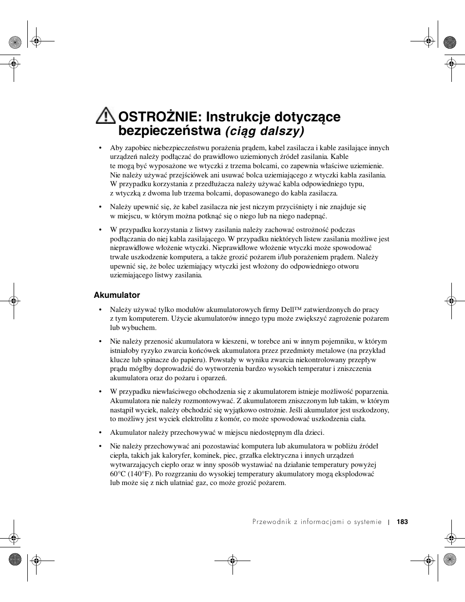 Akumulator, Ostrożnie: instrukcje dotyczące bezpieczeństwa, Ciąg dalszy) | Dell LATITUDE D400 User Manual | Page 185 / 330