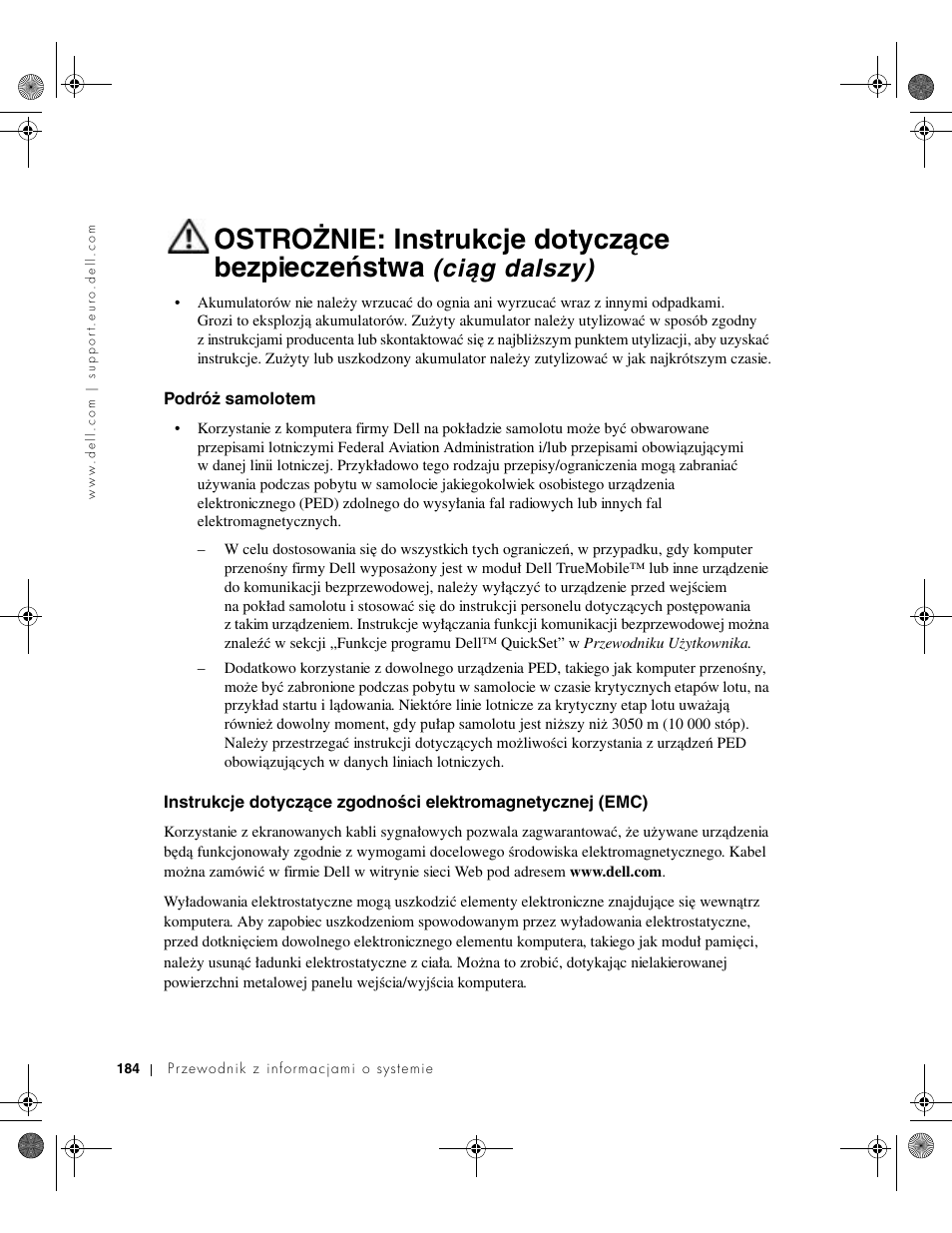 Podróż samolotem, Podróɥ samolotem, Ostrożnie: instrukcje dotyczące bezpieczeństwa | Ciąg dalszy) | Dell LATITUDE D400 User Manual | Page 186 / 330