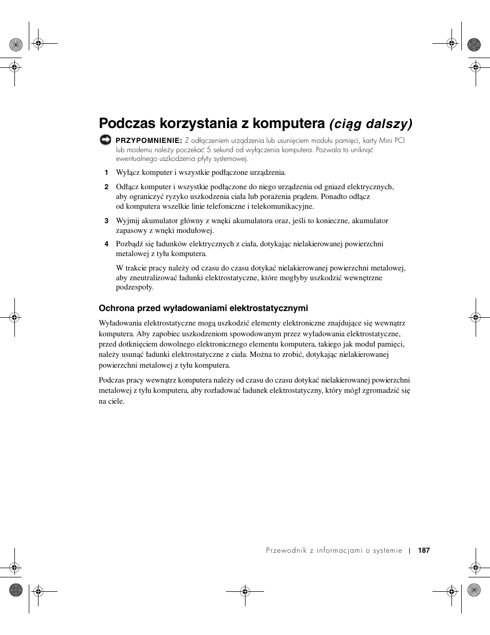 Ochrona przed wyładowaniami elektrostatycznymi, Podczas korzystania z komputera, Ciąg dalszy) | Dell LATITUDE D400 User Manual | Page 189 / 330
