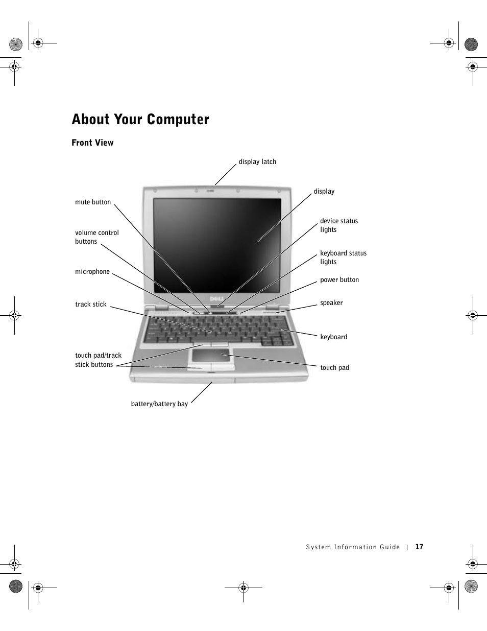 About your computer, Front view | Dell LATITUDE D400 User Manual | Page 19 / 330