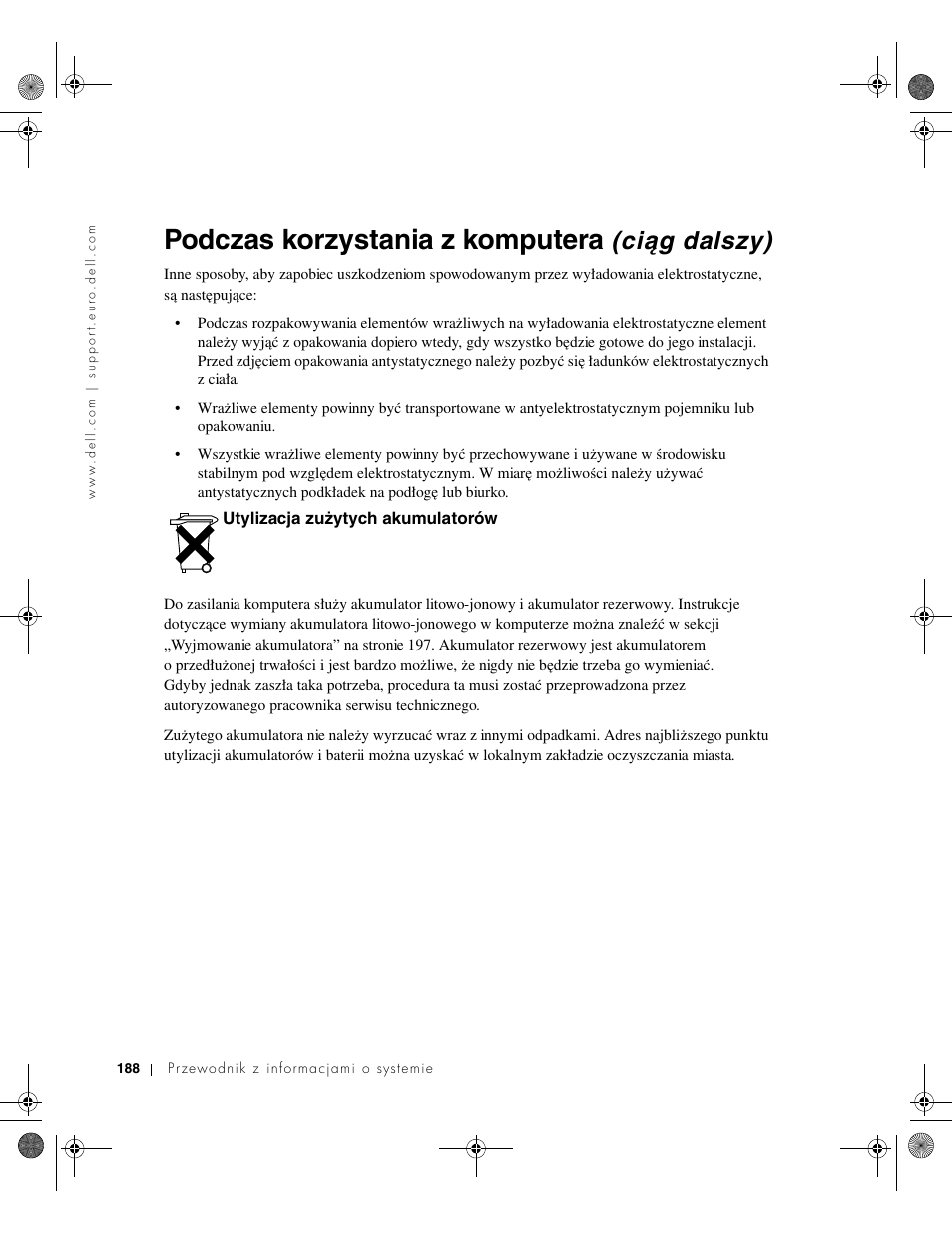 Utylizacja zużytych akumulatorów, Utylizacja zuɥytych akumulatorów, Podczas korzystania z komputera | Ciąg dalszy) | Dell LATITUDE D400 User Manual | Page 190 / 330