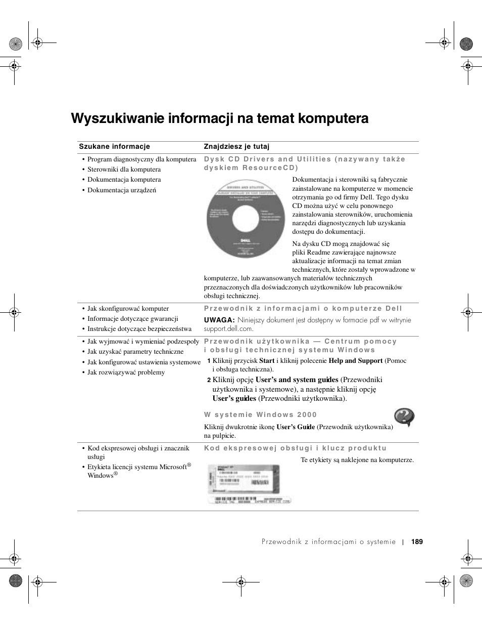 Wyszukiwanie informacji na temat komputera | Dell LATITUDE D400 User Manual | Page 191 / 330