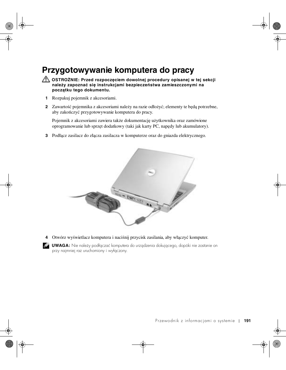 Przygotowywanie komputera do pracy | Dell LATITUDE D400 User Manual | Page 193 / 330