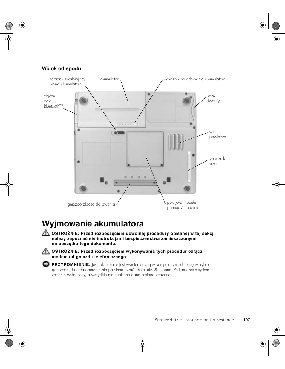 Widok od spodu, Wyjmowanie akumulatora | Dell LATITUDE D400 User Manual | Page 199 / 330