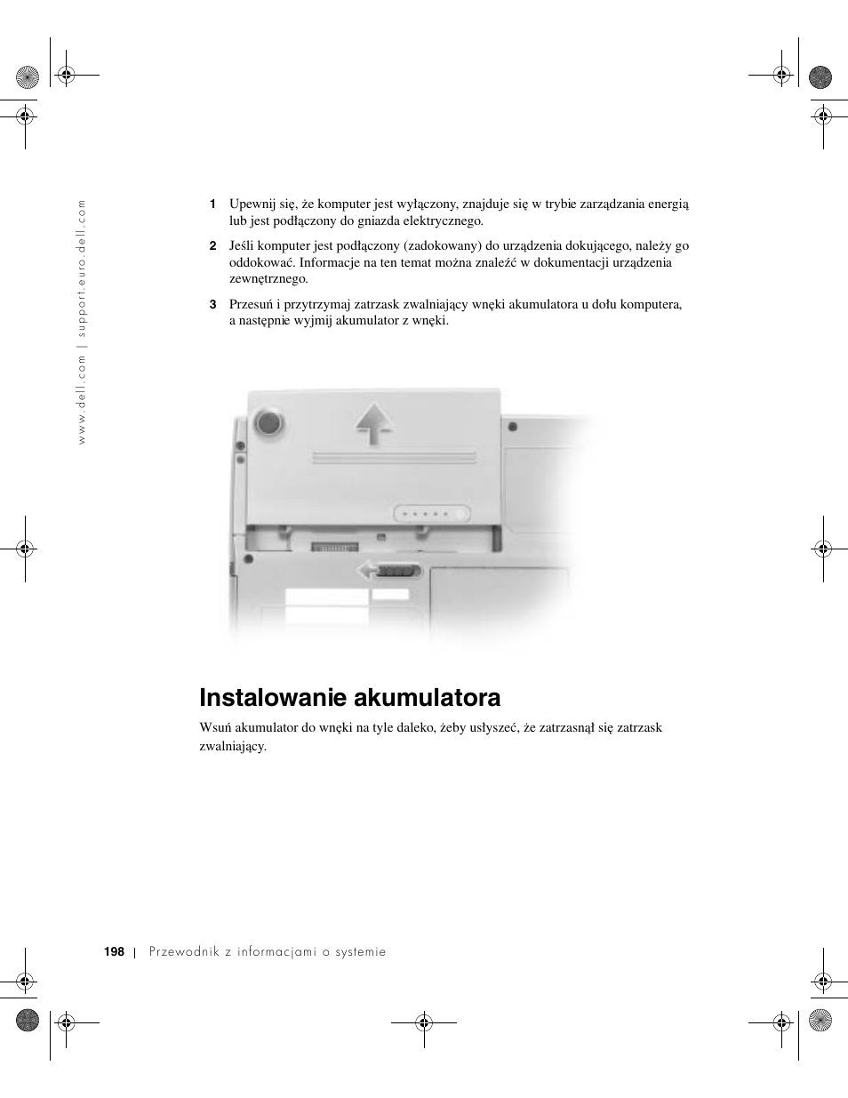 Instalowanie akumulatora | Dell LATITUDE D400 User Manual | Page 200 / 330