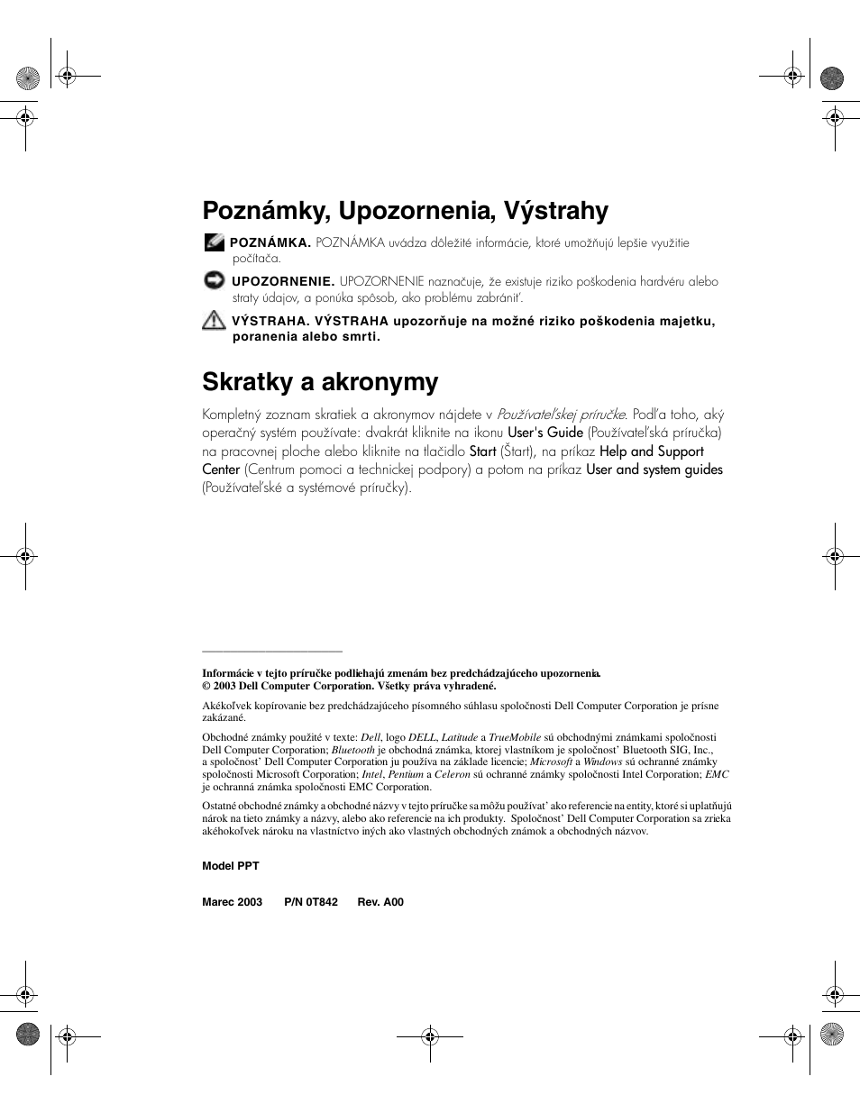 Poznámky, upozornenia, výstrahy, Skratky a akronymy | Dell LATITUDE D400 User Manual | Page 232 / 330