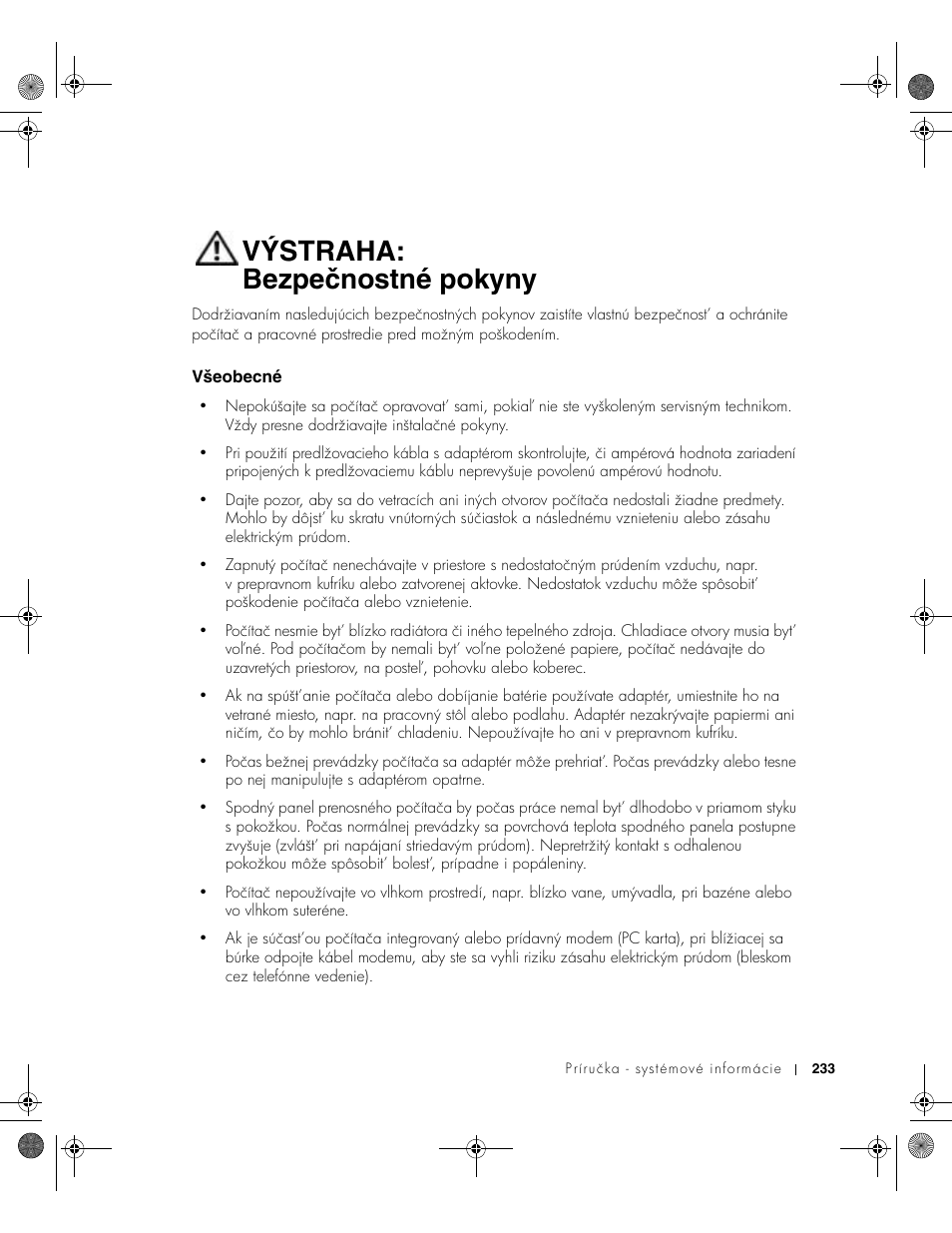 Výstraha: bezpečnostné pokyny, Všeobecné | Dell LATITUDE D400 User Manual | Page 235 / 330