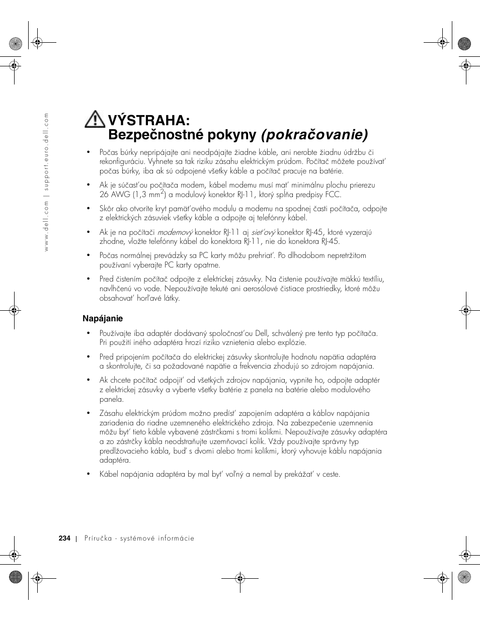 Napájanie, Výstraha: bezpečnostné pokyny (pokračovanie) | Dell LATITUDE D400 User Manual | Page 236 / 330