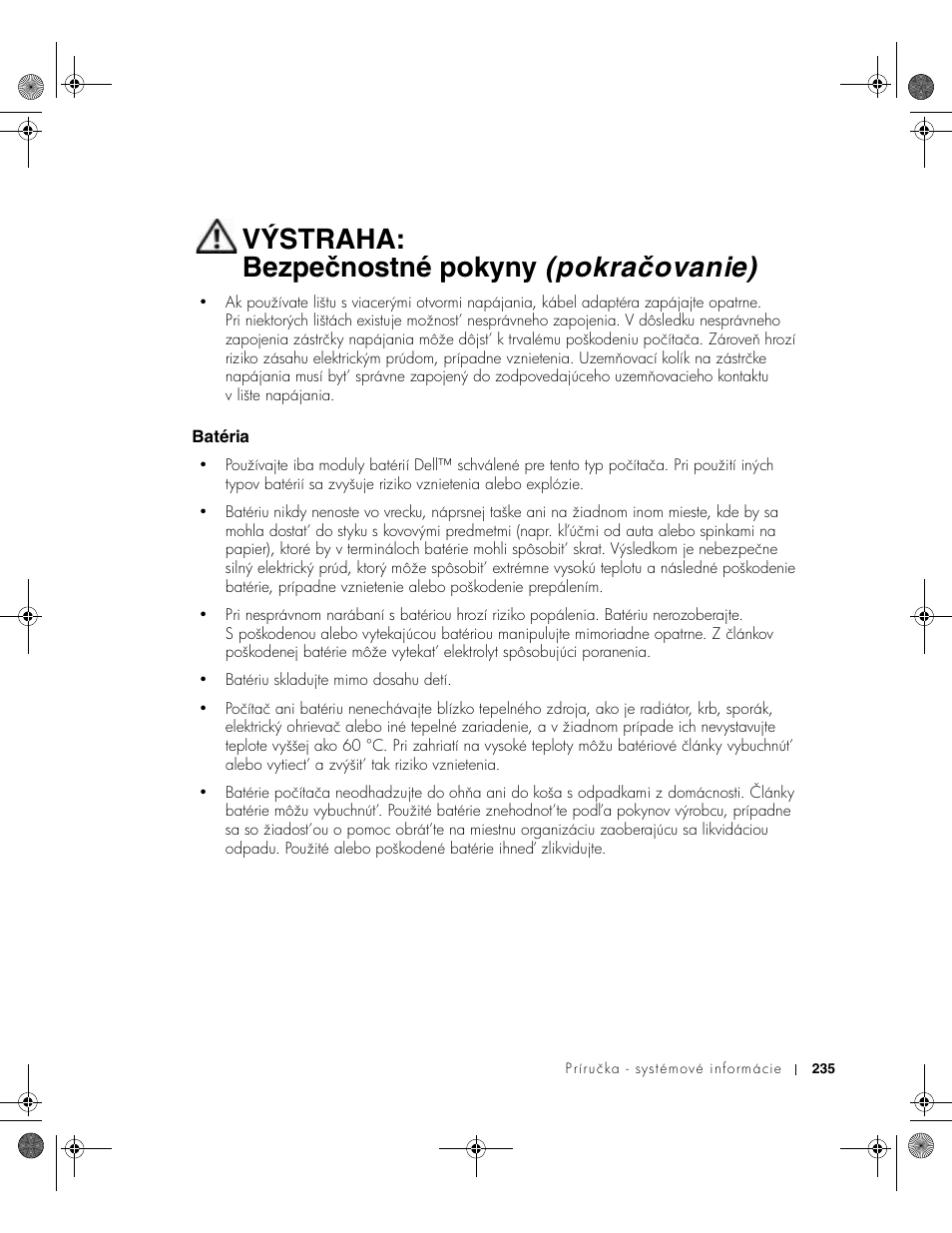 Batéria, Výstraha: bezpečnostné pokyny (pokračovanie) | Dell LATITUDE D400 User Manual | Page 237 / 330