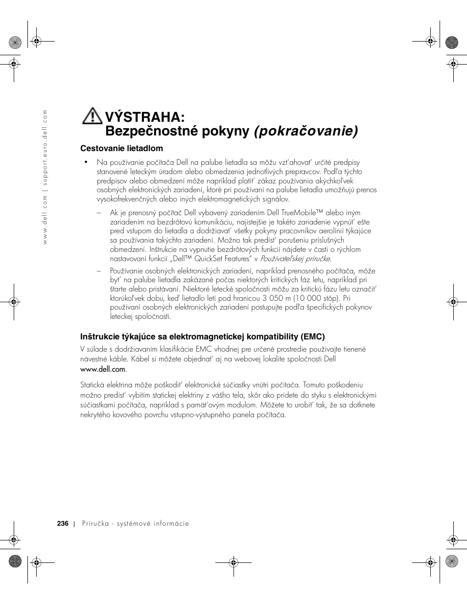 Cestovanie lietadlom, Výstraha: bezpečnostné pokyny (pokračovanie) | Dell LATITUDE D400 User Manual | Page 238 / 330