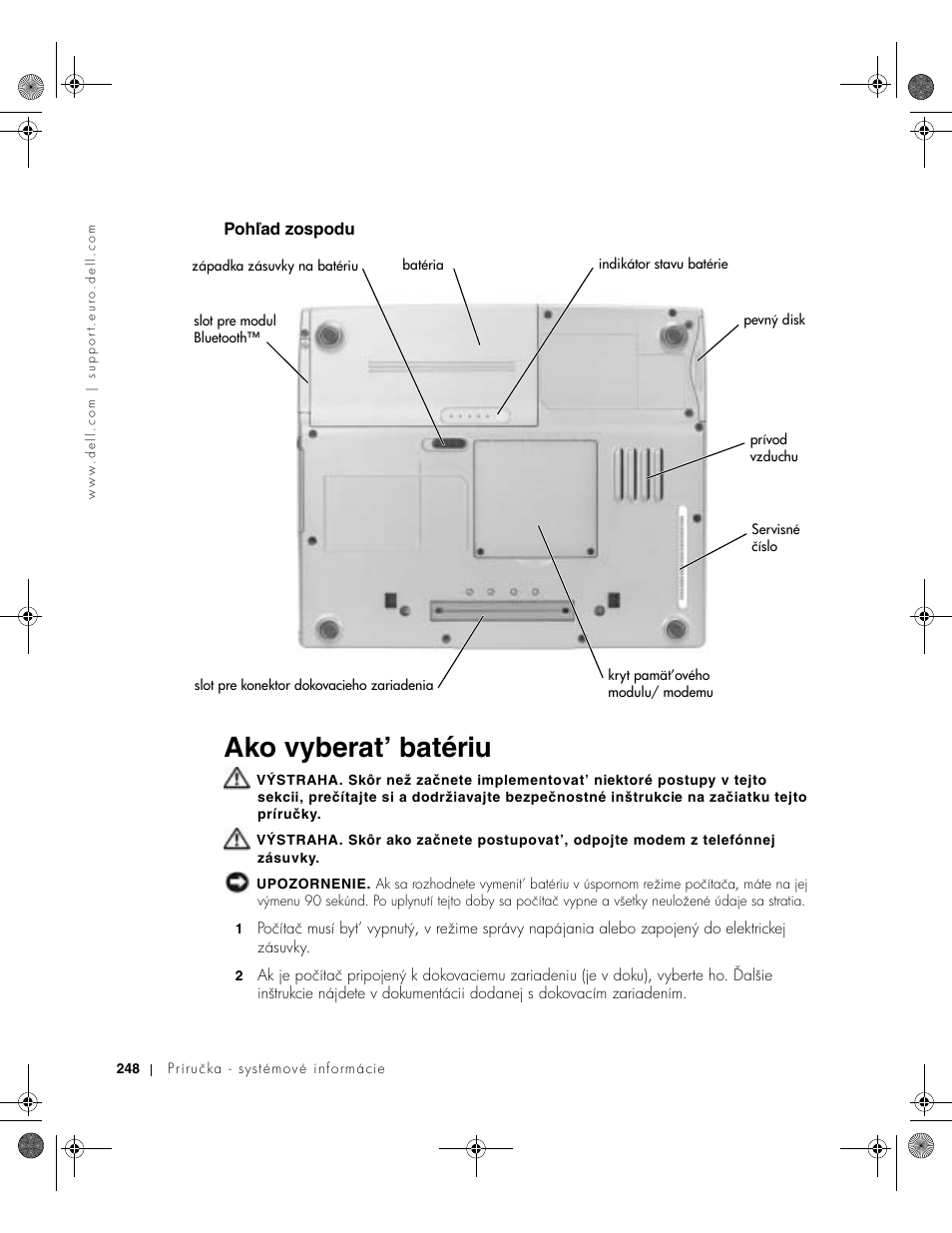 Pohľad zospodu, Ako vyberat’ batériu, Pohűad zospodu | Dell LATITUDE D400 User Manual | Page 250 / 330