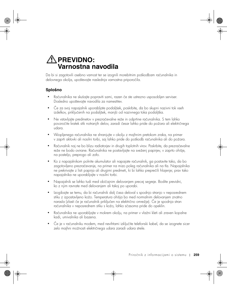 Previdno: varnostna navodila, Splošno | Dell LATITUDE D400 User Manual | Page 261 / 330