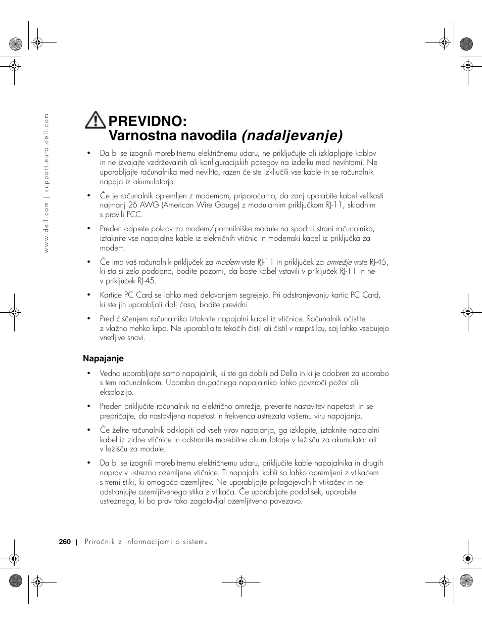 Napajanje, Previdno: varnostna navodila (nadaljevanje) | Dell LATITUDE D400 User Manual | Page 262 / 330