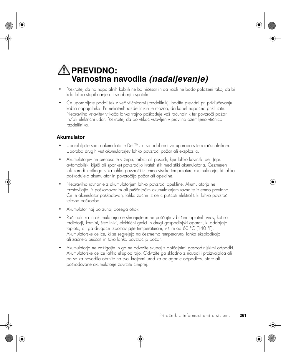 Akumulator, Previdno: varnostna navodila (nadaljevanje) | Dell LATITUDE D400 User Manual | Page 263 / 330