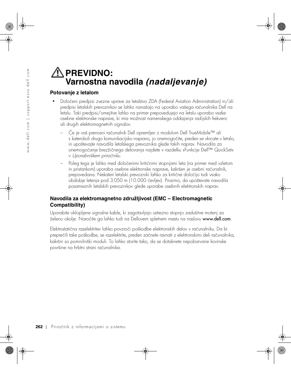 Potovanje z letalom, Previdno: varnostna navodila (nadaljevanje) | Dell LATITUDE D400 User Manual | Page 264 / 330