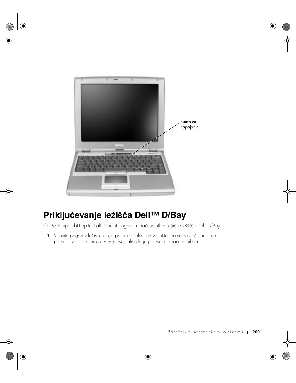 Priključevanje ležišča dell™ d/bay | Dell LATITUDE D400 User Manual | Page 271 / 330