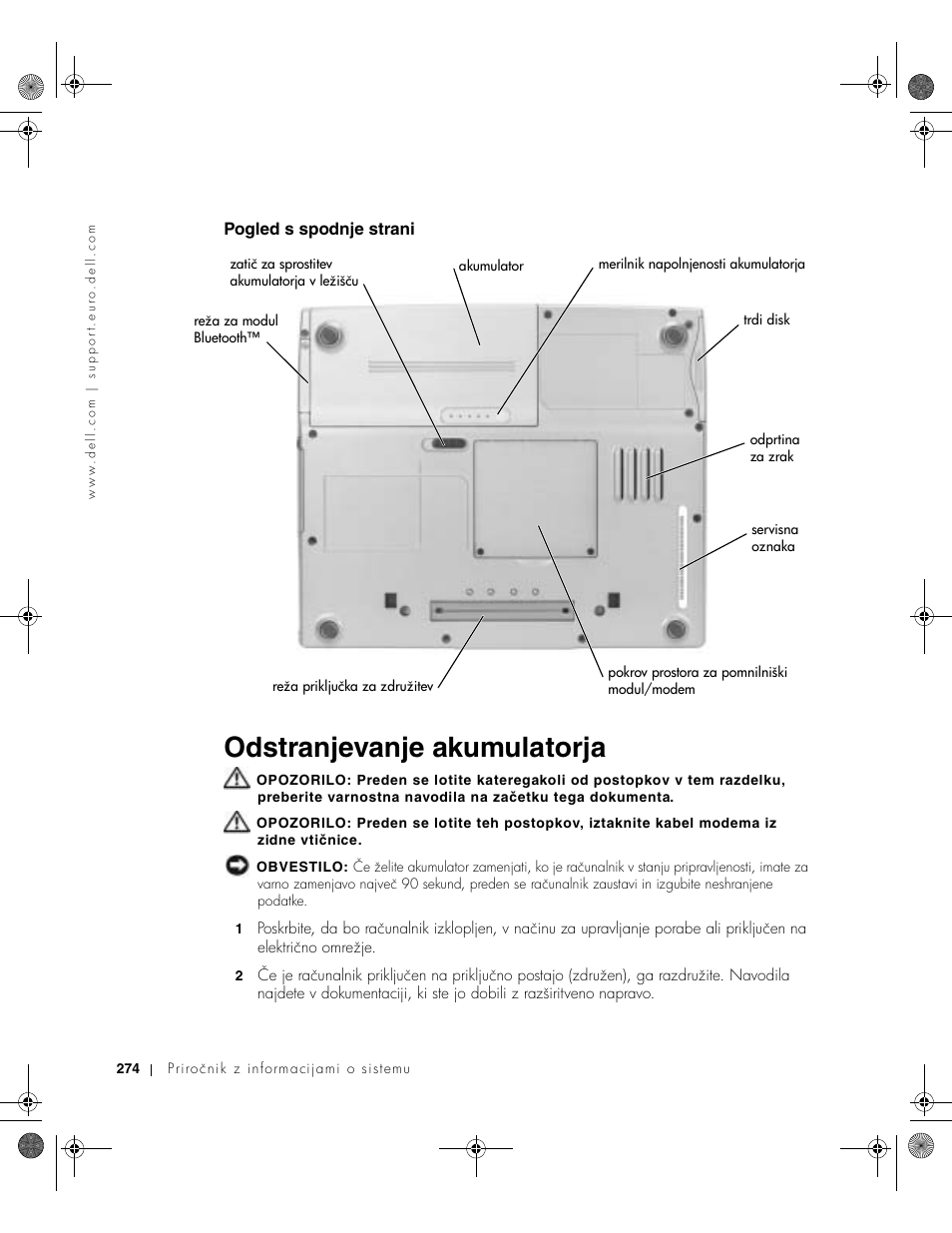 Pogled s spodnje strani, Odstranjevanje akumulatorja | Dell LATITUDE D400 User Manual | Page 276 / 330