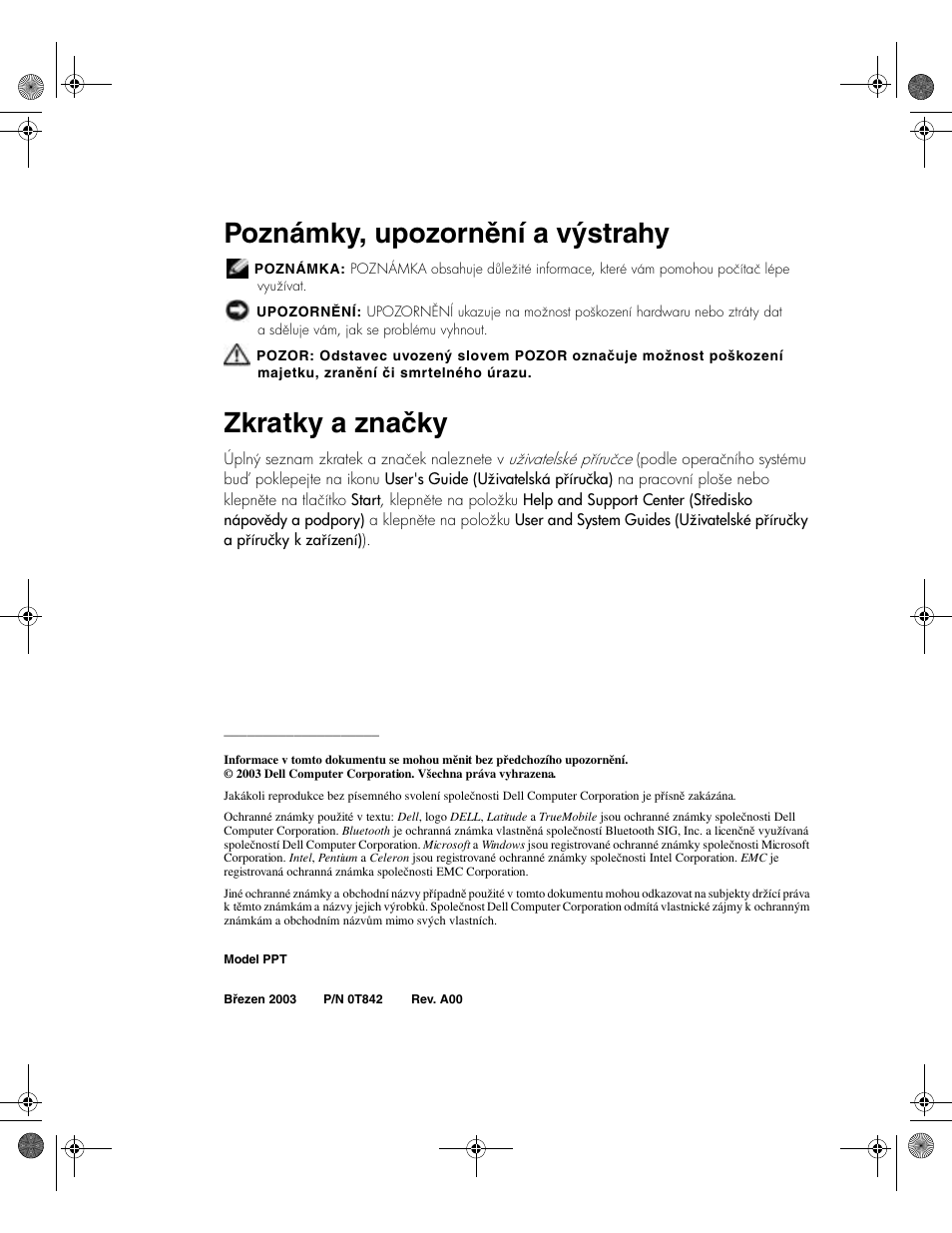 Poznámky, upozornění a výstrahy, Zkratky a značky | Dell LATITUDE D400 User Manual | Page 28 / 330