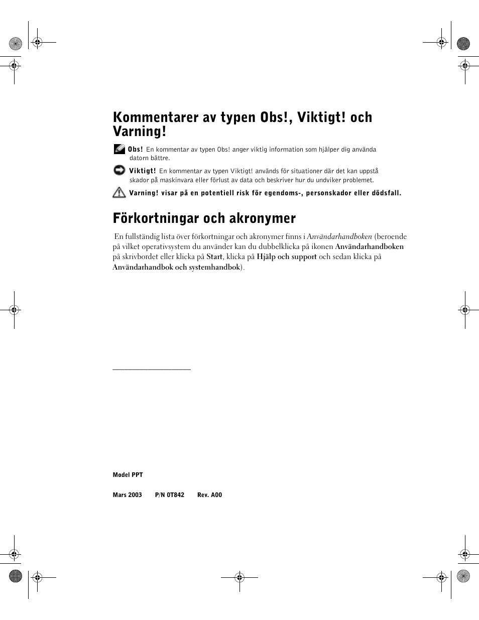 Kommentarer av typen obs!, viktigt! och varning, Förkortningar och akronymer | Dell LATITUDE D400 User Manual | Page 282 / 330