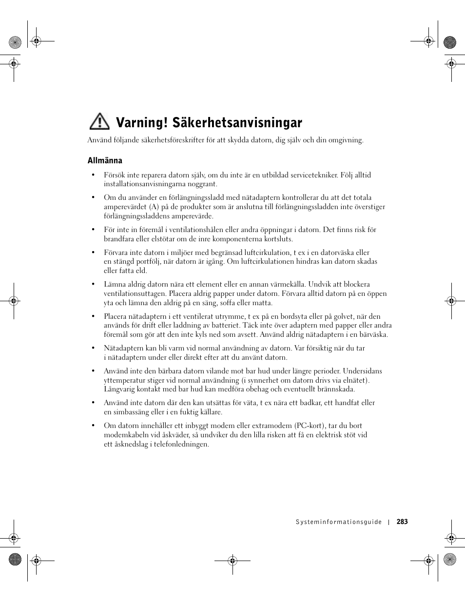 Varning! säkerhetsanvisningar, Allmänna | Dell LATITUDE D400 User Manual | Page 285 / 330
