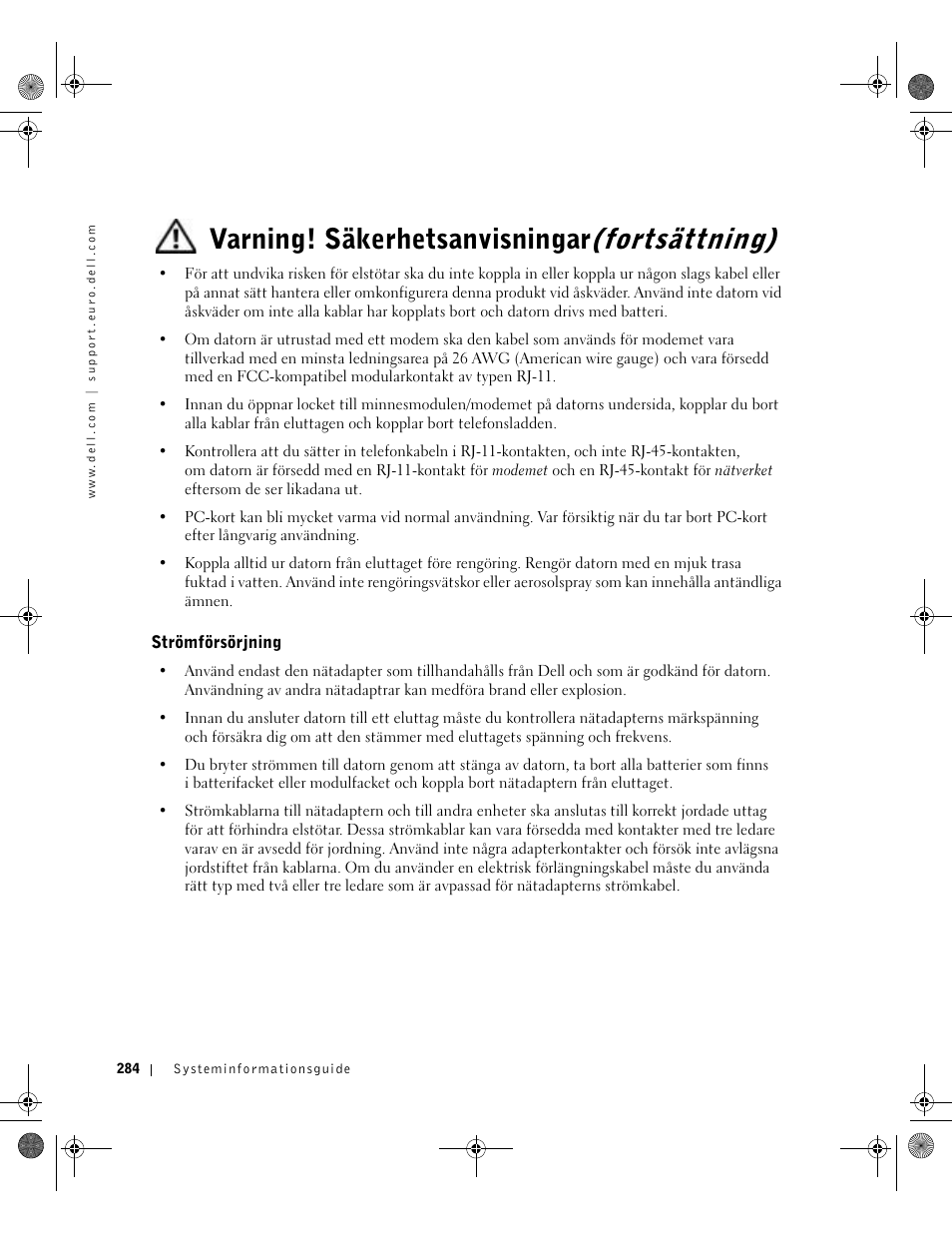 Strömförsörjning, Varning! säkerhetsanvisningar(fortsättning) | Dell LATITUDE D400 User Manual | Page 286 / 330