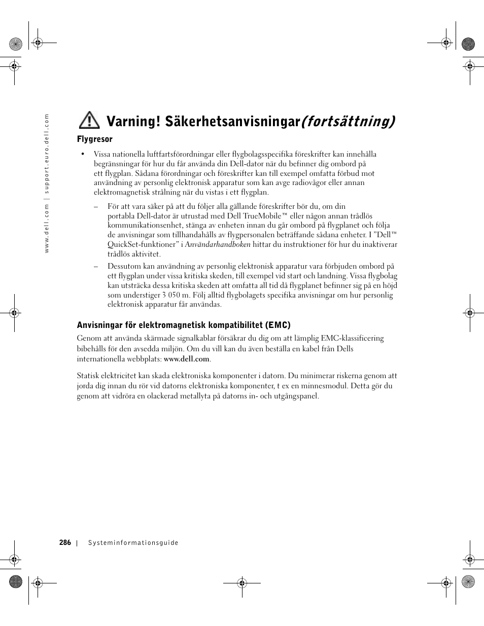 Flygresor, Varning! säkerhetsanvisningar(fortsättning) | Dell LATITUDE D400 User Manual | Page 288 / 330