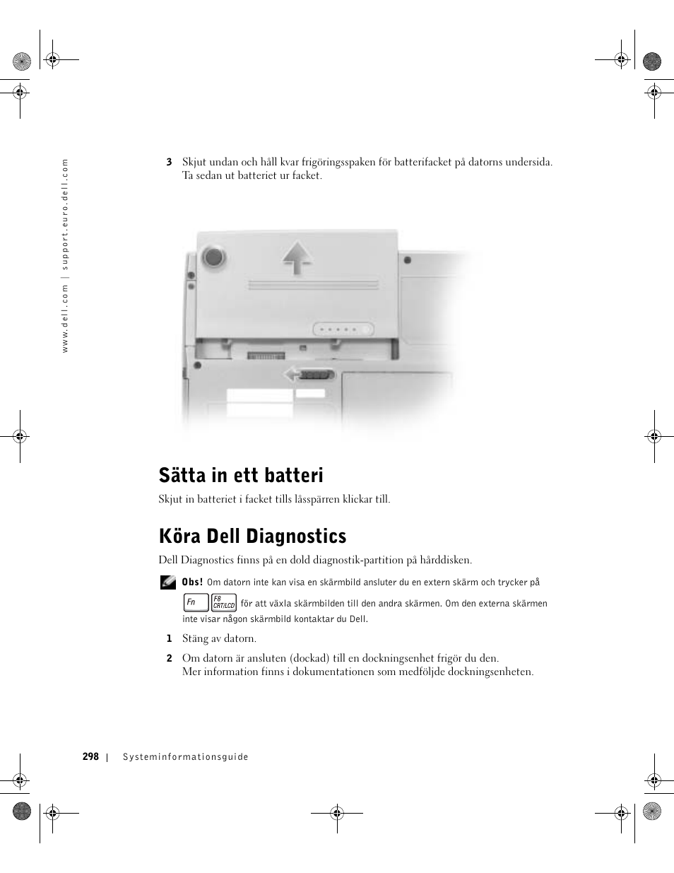 Sätta in ett batteri, Köra dell diagnostics | Dell LATITUDE D400 User Manual | Page 300 / 330