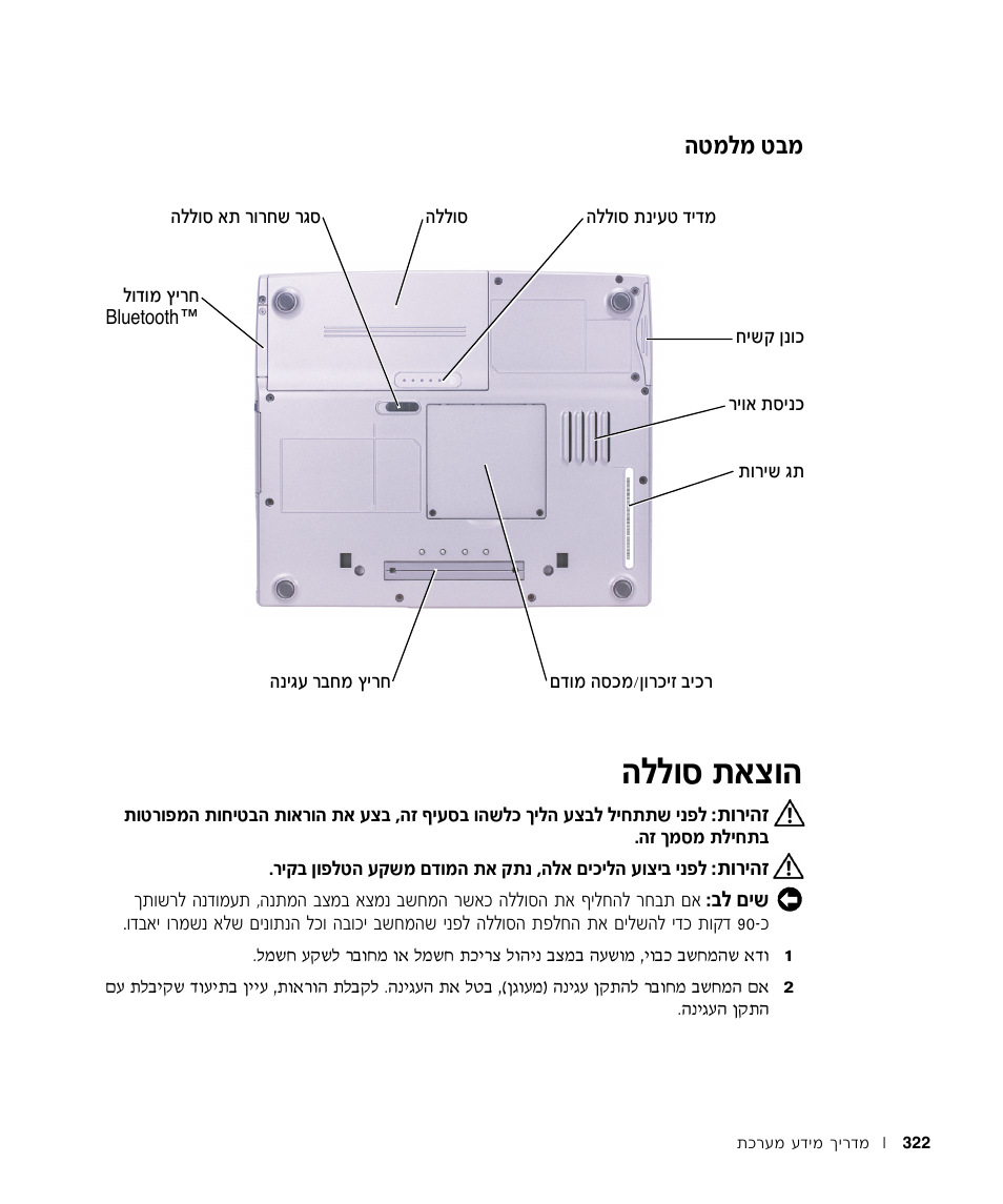 מבט מלמטה, הוצאת סוללה, Ппвт ˙‡ˆв | Лупу л·у | Dell LATITUDE D400 User Manual | Page 309 / 330