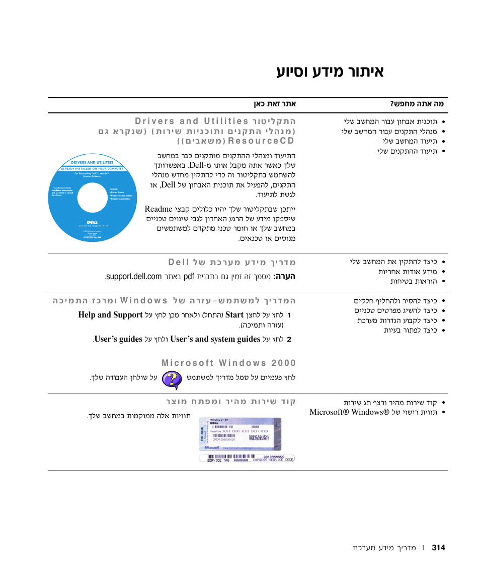 איתור מידע וסיוע, Ъвитв ъ„иу ¯в˙и | Dell LATITUDE D400 User Manual | Page 317 / 330