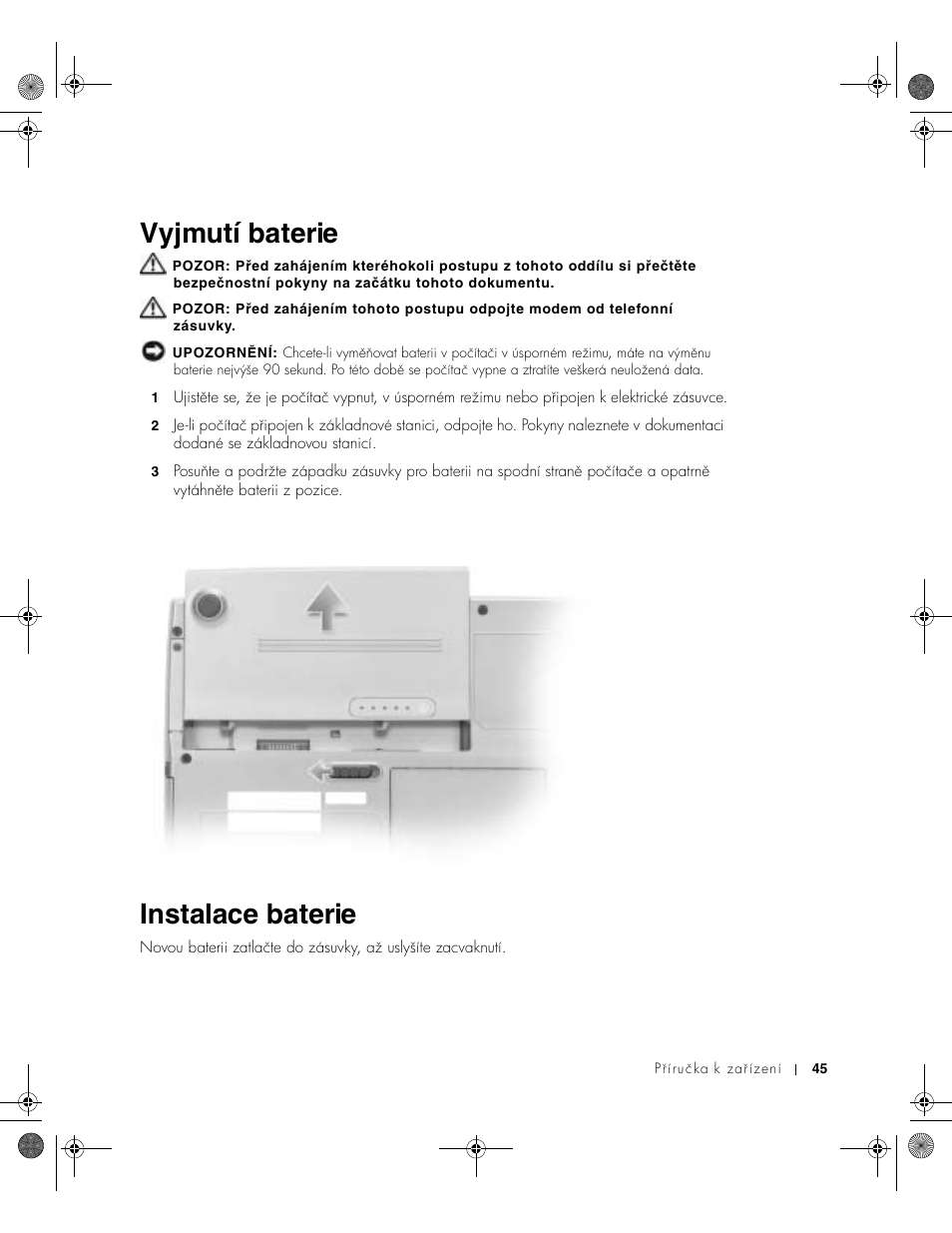 Vyjmutí baterie, Instalace baterie | Dell LATITUDE D400 User Manual | Page 47 / 330