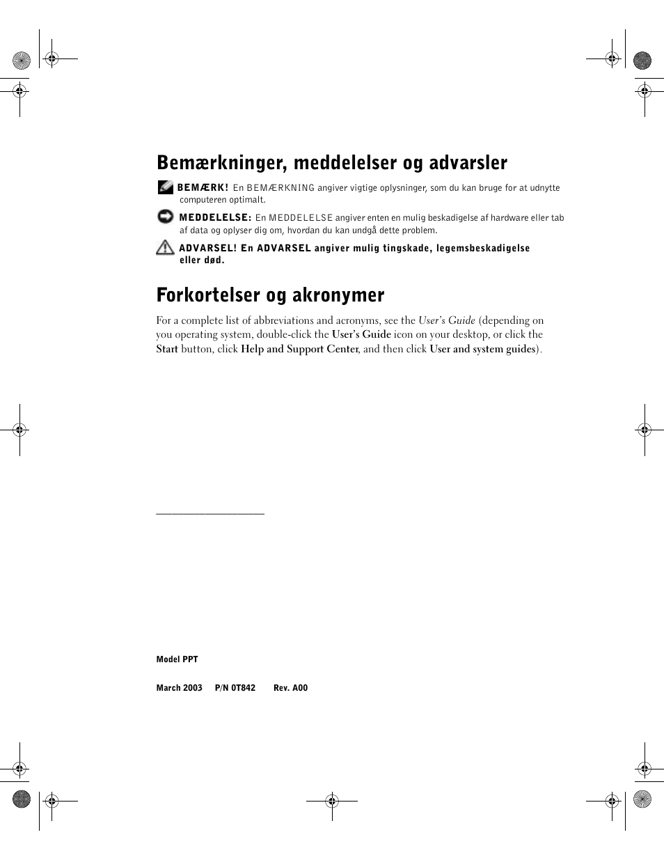 Bemærkninger, meddelelser og advarsler, Forkortelser og akronymer | Dell LATITUDE D400 User Manual | Page 54 / 330