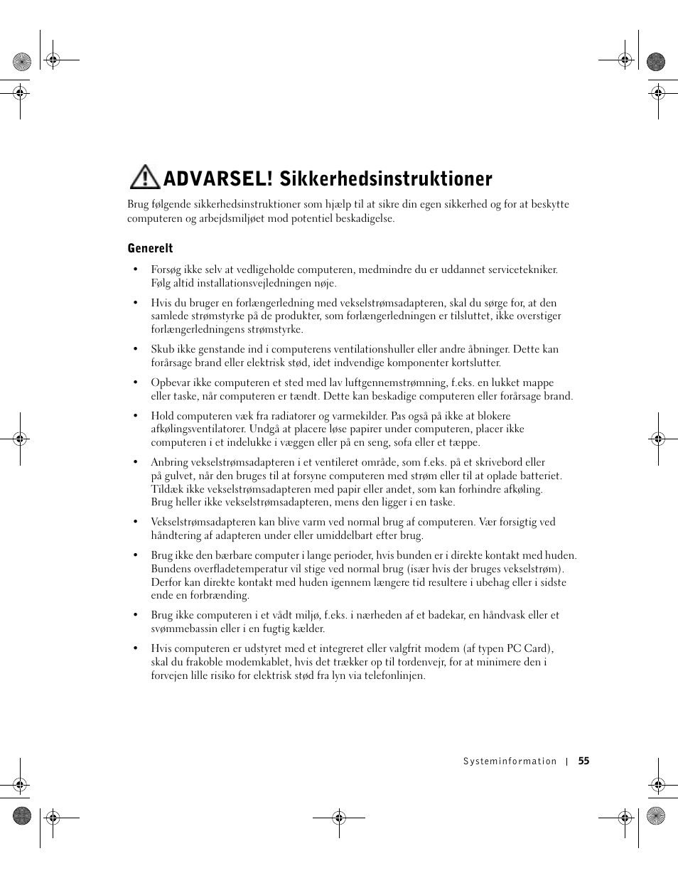 Advarsel! sikkerhedsinstruktioner, Generelt | Dell LATITUDE D400 User Manual | Page 57 / 330