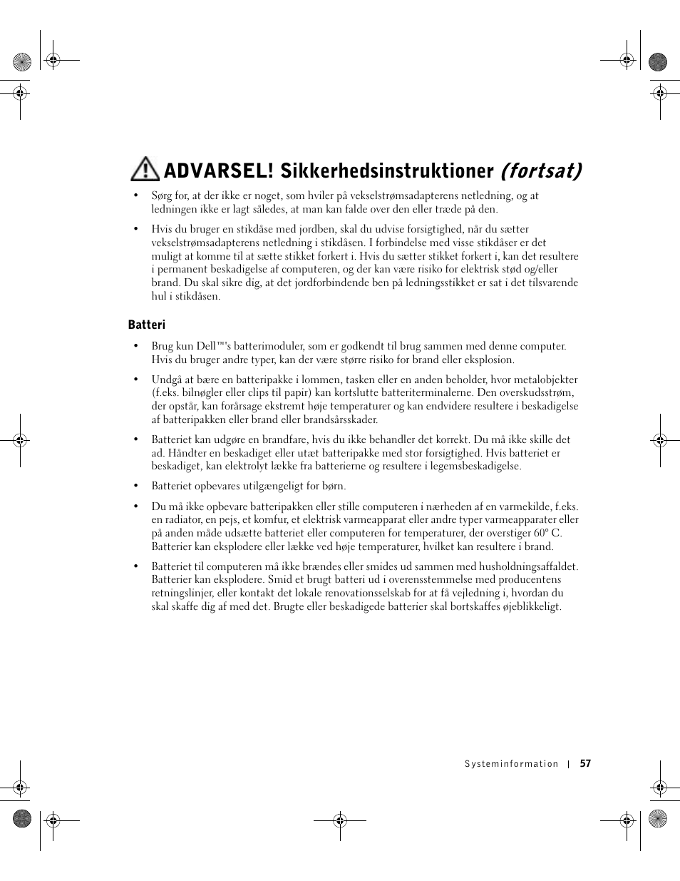 Batteri, Advarsel! sikkerhedsinstruktioner (fortsat) | Dell LATITUDE D400 User Manual | Page 59 / 330