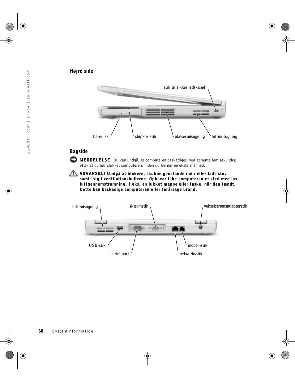 Højre side, Bagside | Dell LATITUDE D400 User Manual | Page 70 / 330