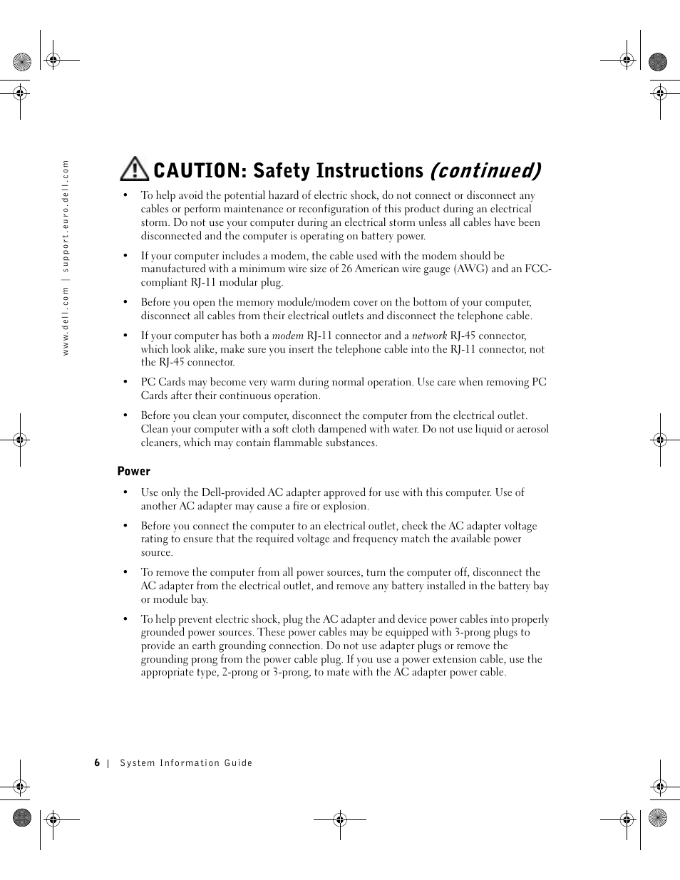 Power, Caution: safety instructions (continued) | Dell LATITUDE D400 User Manual | Page 8 / 330