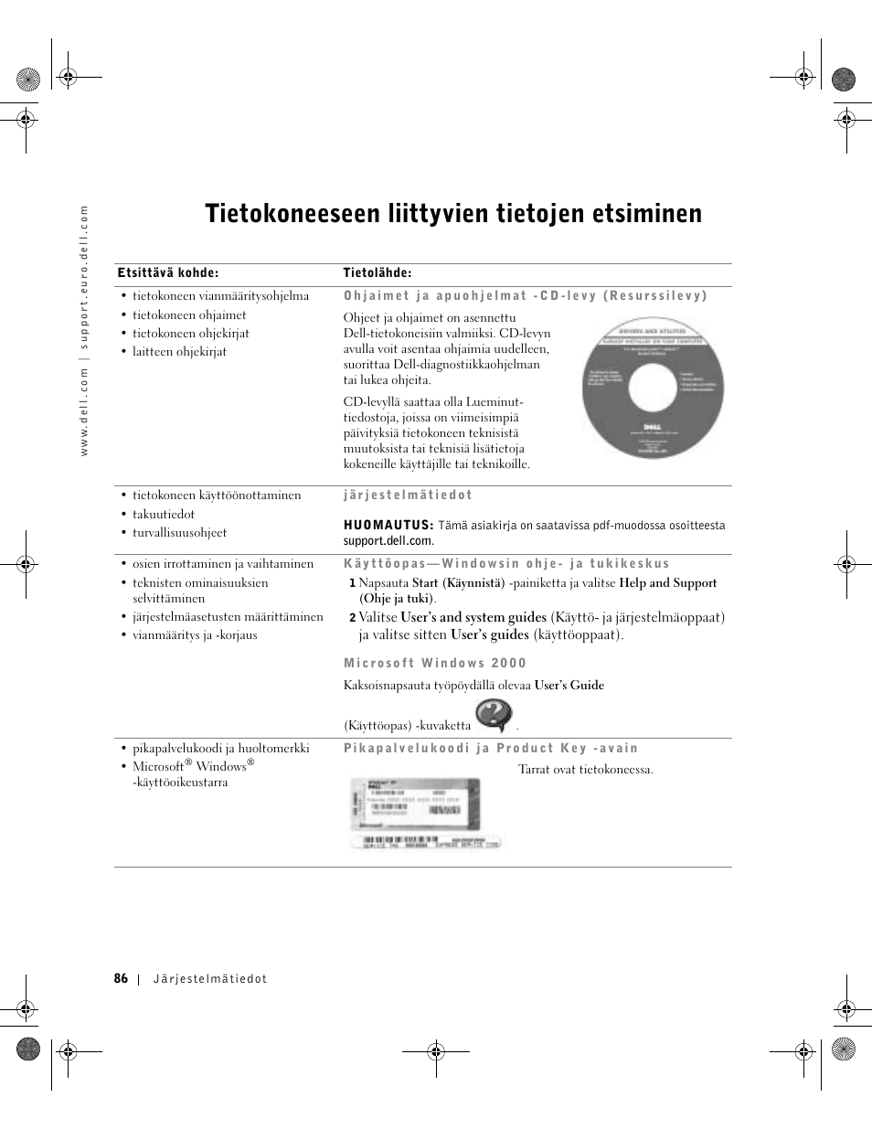 Tietokoneeseen liittyvien tietojen etsiminen | Dell LATITUDE D400 User Manual | Page 88 / 330