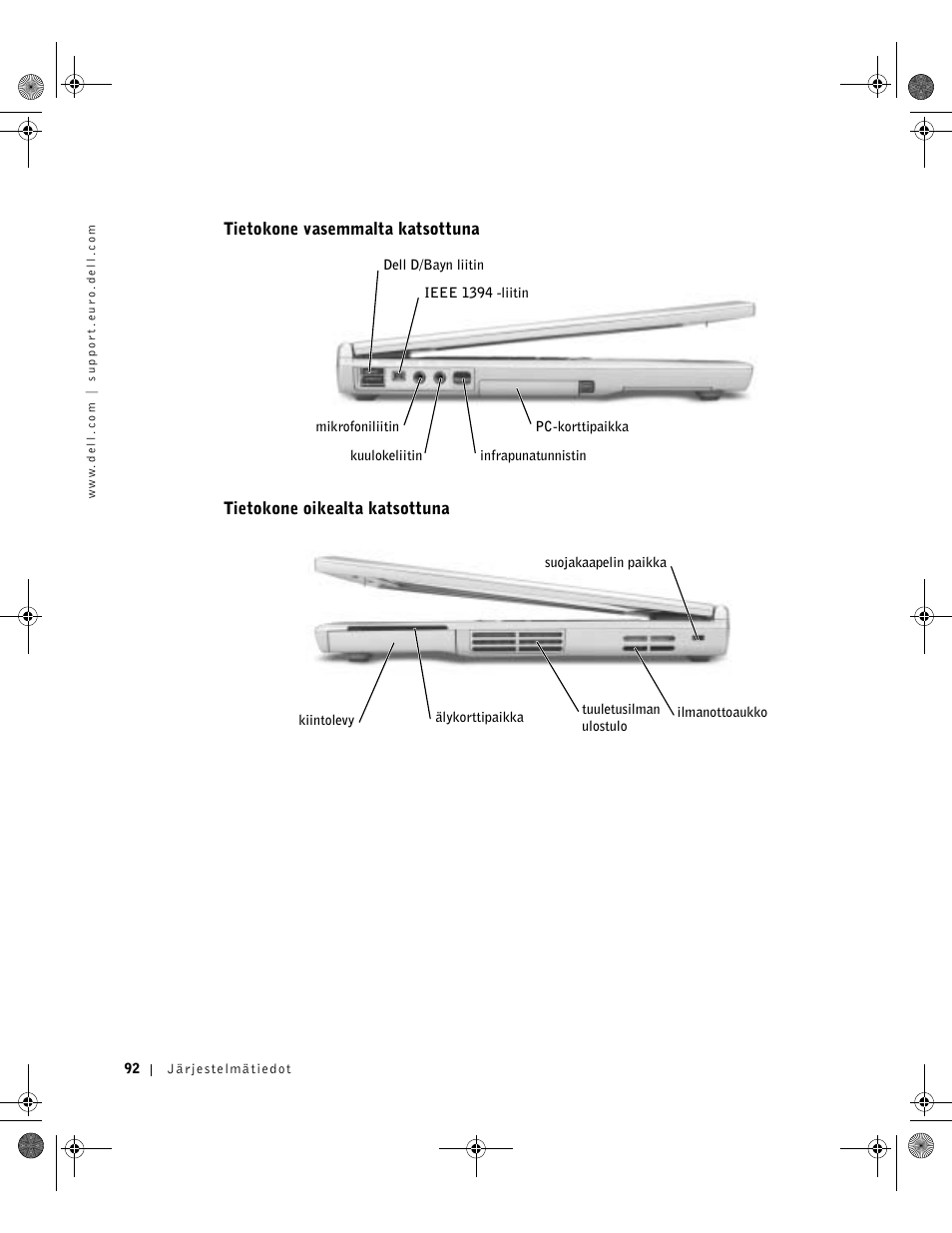 Tietokone vasemmalta katsottuna, Tietokone oikealta katsottuna | Dell LATITUDE D400 User Manual | Page 94 / 330