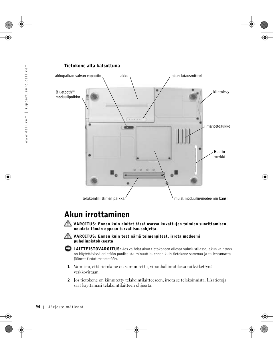Tietokone alta katsottuna, Akun irrottaminen | Dell LATITUDE D400 User Manual | Page 96 / 330