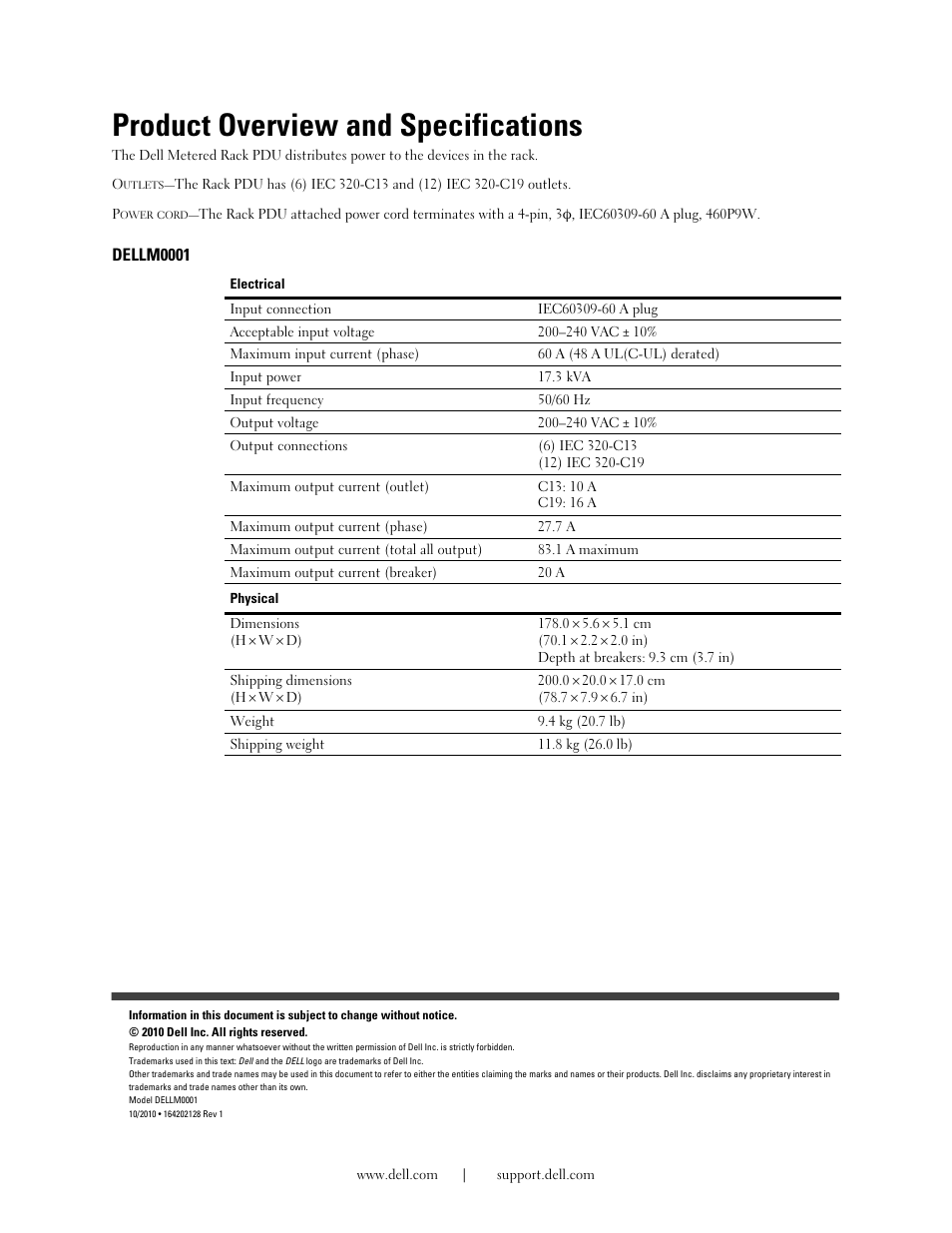 Product overview and specifications, Dellm0001 | Dell Metered PDU LCD User Manual | Page 3 / 10