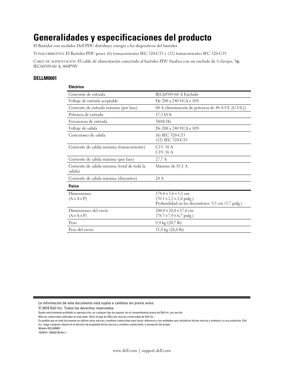 Generalidades y especificaciones del producto, Dellm0001 | Dell Metered PDU LCD User Manual | Page 9 / 10