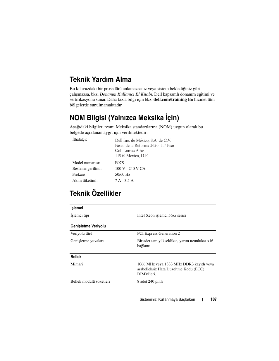 Teknik yardım alma, Nom bilgisi (yalnızca meksika için), Teknik özellikler | Nom bilgisi (yalnızca meksika i çin) | Dell DX6000G User Manual | Page 109 / 124