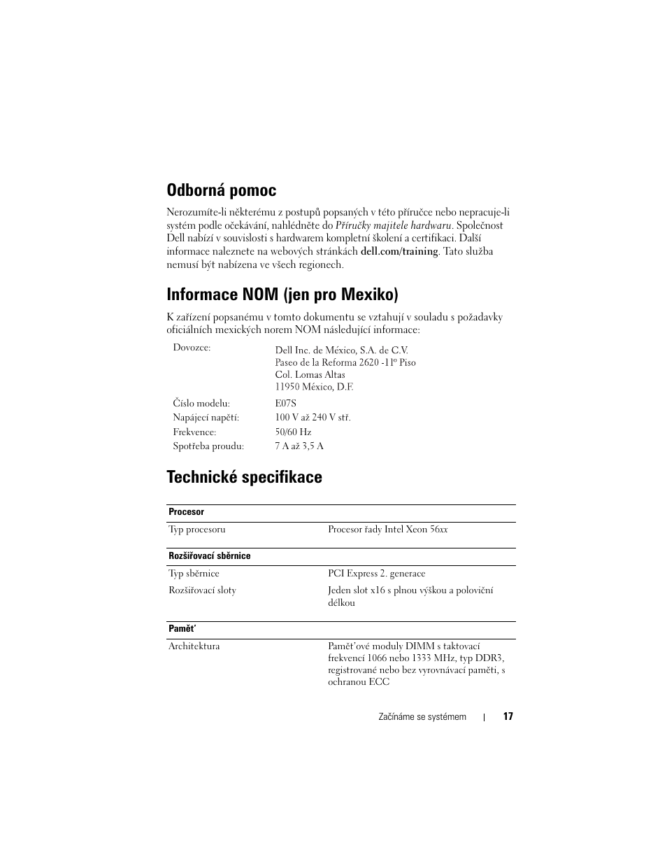 Odborná pomoc, Informace nom (jen pro mexiko), Technické specifikace | Dell DX6000G User Manual | Page 19 / 124