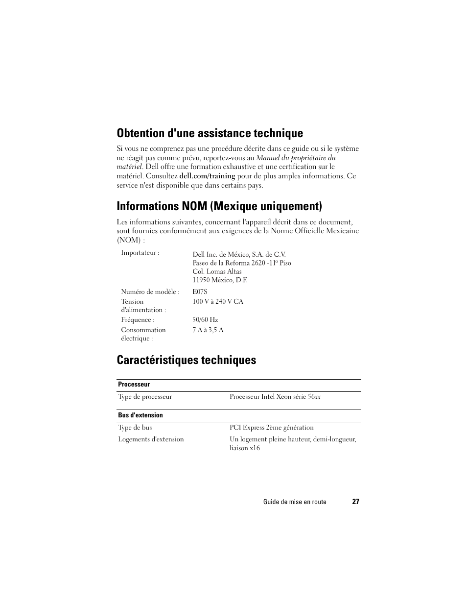 Obtention d'une assistance technique, Informations nom (mexique uniquement), Caractéristiques techniques | Dell DX6000G User Manual | Page 29 / 124